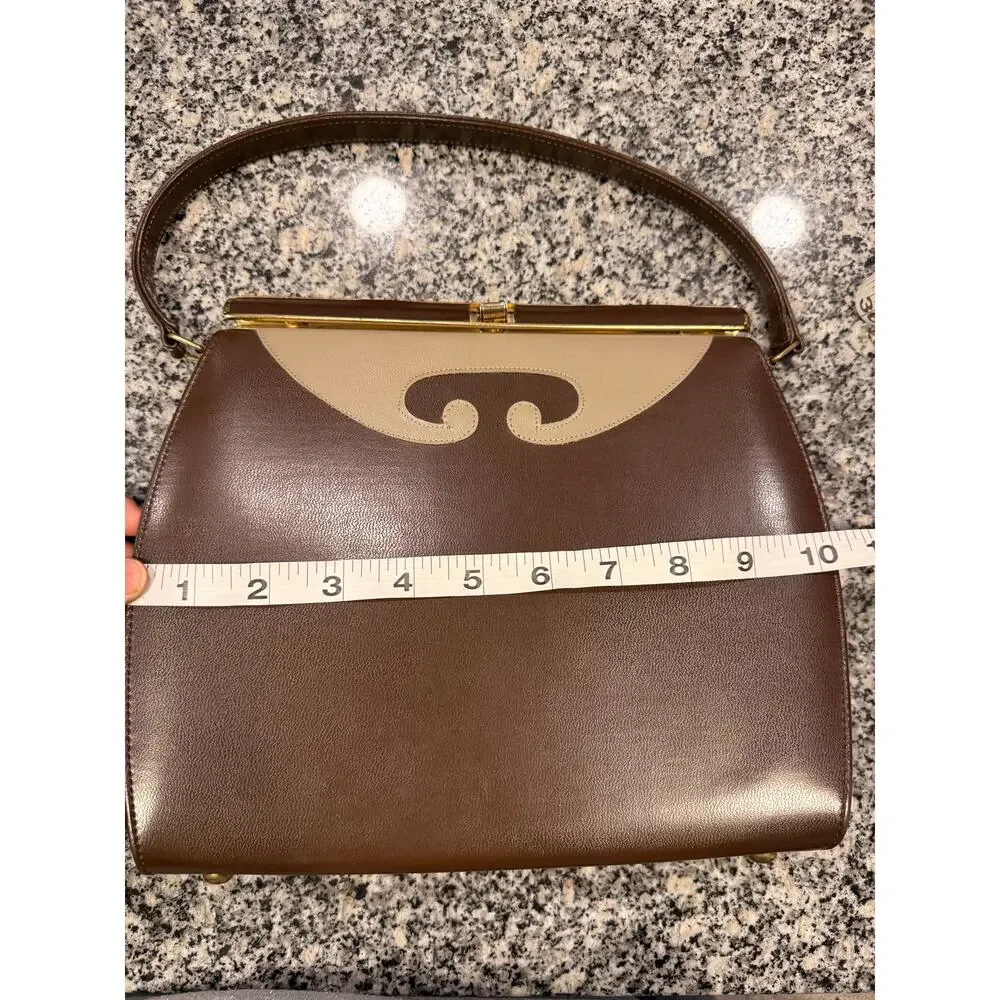 Vintage 1950s Brown & Cream Structured Top Handle Handbag - Picture 8 of 13